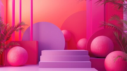 Poster - Geometric pink and purple structures with spherical shapes. Abstract image of 3D rendering of geometric shape with gradient vibrant color. Digital art for futuristic and architectural design. AIG51.