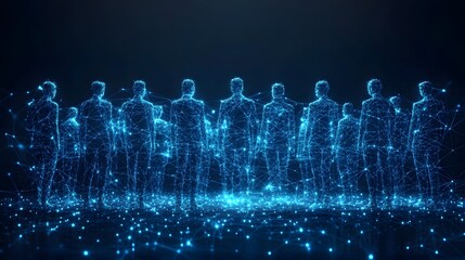 Aufkleber - Futuristic illustration of interconnected human figures glowing in blue, standing in a virtual space. Emphasizing technology, networks, and the digital realm. Abstract wireframe in dark blue.