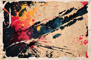 Poster - Retro graphic design with geometric shapes and splatter effects. Abstract poster art. Background image ofretro theme with tearing paper with vibrant color and yellow paper. Street artwork. AIG51.