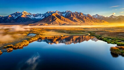 Poster - Golden Sunrise Reflections on a Serene Mountain Lake with Wispy Fog