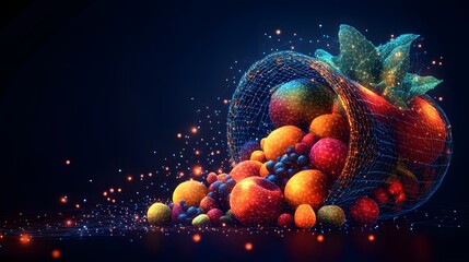Poster - A futuristic wireframe basket overflowing with colorful, glowing fruits against a dark backdrop creates a striking digital image. Abstract wireframe in dark blue