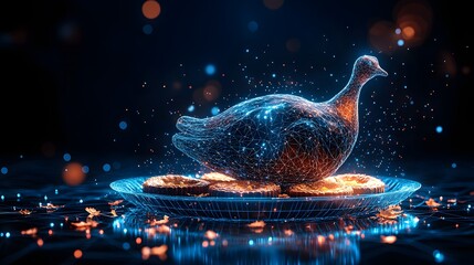 Leinwandbilder - Futuristic digital bird, resembling a goose, rendered in vibrant blue and orange wireframe. Resting on a grid plate with tart pastries amid scattered leaves. Abstract wireframe in dark blue.