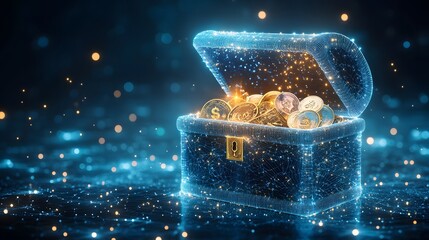 Poster - Futuristic treasure chest overflowing with digital coins. A holographic projection showcases diverse currencies and tokens against a dark, interconnected network. Abstract wireframe in dark blue.