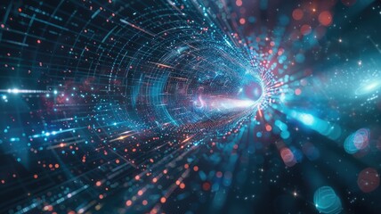 Poster - Abstract art of digital network with glowing nodes and colorful lights. Digital artwork of glowing networking lines. Technology innovation and data visualization concept for wallpaper, banner. AIG53.