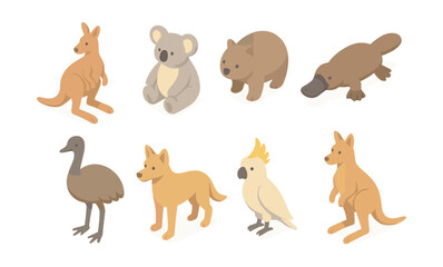  Australian wildlife icons set – kangaroo, koala, dingo, platypus, wombat, cockatoo, emu