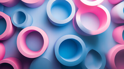Poster - abstract 3d rendering of geometric shapes with pink and blue color palette circular forms interlocki