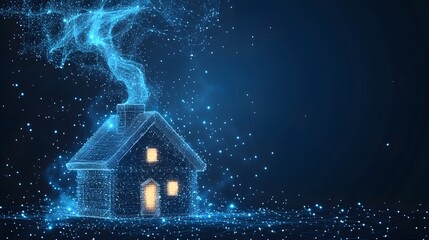 Poster - Digital wireframe house emitting warm light from windows, chimney billowing smoke, set on a network surface. Blue gradients create depth. Abstract wireframe in dark blue