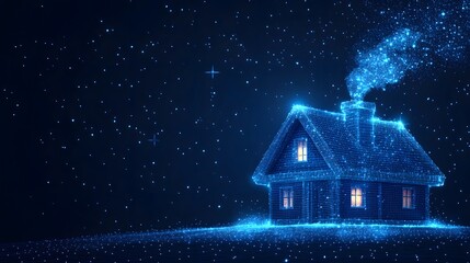 Poster - A captivating wireframe house glows warmly against a starlit expanse. Digital smoke rises, blending art and technology, perfect for illustrating innovation or dreams. Abstract wireframe in dark blue