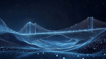 Aufkleber - Futuristic digital landscape featuring a glowing network bridge under a starry night. A modern symbol of connectivity and technology. Abstract wireframe in dark blue.