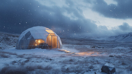 Poster - cozy dome structure snowy landscape, surrounded by falling snowflakes, creates serene atmosphere