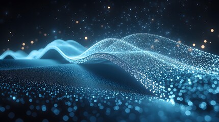 Poster - Dynamic waves of blue light points dance across a dark backdrop. Bokeh dots enhance depth. Perfect for tech, science, or creative projects. Abstract wireframe in dark blue.