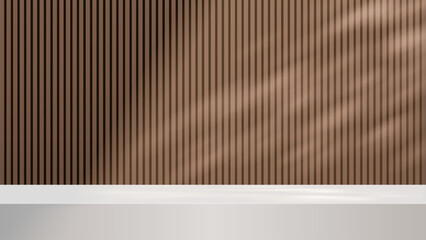 Wall Mural - Realistic wood and white 3D cylinder pedestal podium with vertical wood pattern background. 3d backdrop for product presentation. 