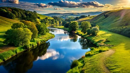 Poster - Serene river flowing through a picturesque valley under a vibrant sky