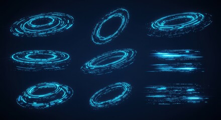 Poster - Abstract Futuristic Glowing Neon Rings and Light Streaks Digital Art Background