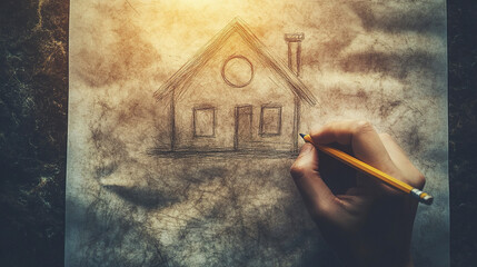 Poster - hand sketching dream house blueprint with pencil textured paper, evoking creativity