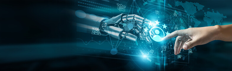 Poster - Hand touch customer satisfaction network connecting customer feedback, service quality, product performance, response time, issue resolution, customer experience, and continuous improvement.