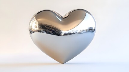 Poster - A shiny, chrome heart reflects its surroundings.  The smooth, metallic surface gleams against a minimalist white background.  Perfect for love, romance, or Valentine's Day themes.