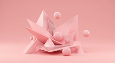 Poster - Abstract Pink Geometric Shapes 3D Render:  A Stunning Visual Composition of Spheres and Polygons