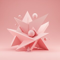 Poster - Abstract Pink Geometric Composition:  Interplay of Triangles and Spheres in a Minimalist 3D Render