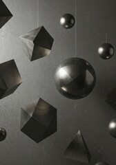 Poster - Abstract Dark Gray Geometric Shapes Suspended in Space: A 3D Render of Hanging Metal Polyhedrons and Spheres Against a Textured Background