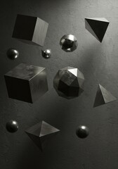 Poster - Abstract 3D Rendering Dark Grey Metallic Geometric Shapes Floating Against Textured Background