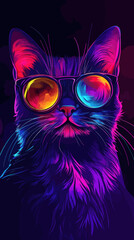 Poster - Cyberpunk Cat with Neon Glasses Watercolor Vector Poster Illustration