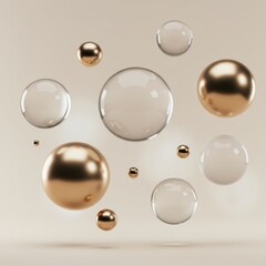 Poster - Abstract Golden and Glass Spheres Floating in Neutral Background: A Modern 3D Render