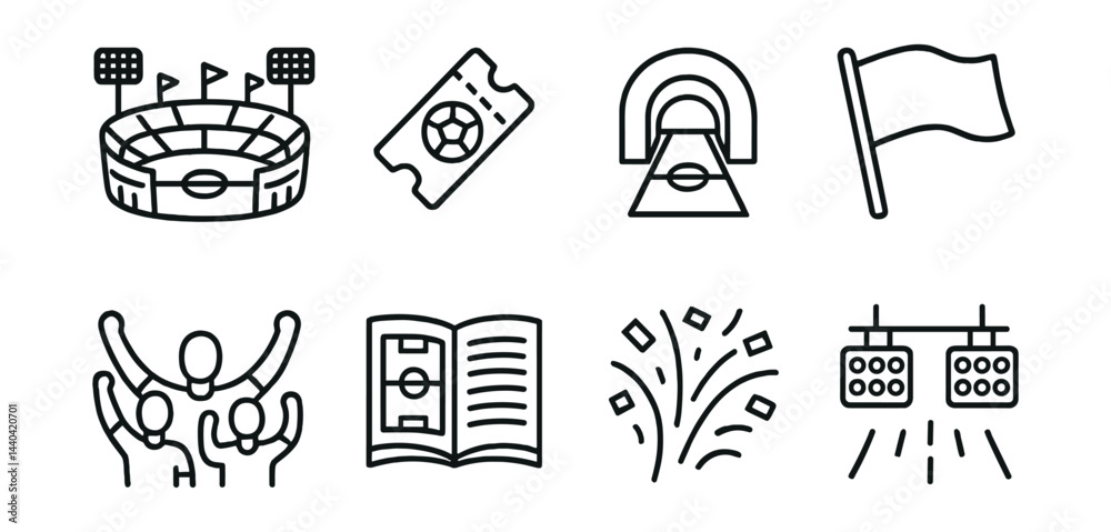 Sports Events Vector Sports event icons set – stadium, ticket, goal, flag, fans, book ...