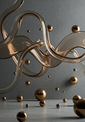 Poster - Abstract Gold and Glass Swirls with Metallic Spheres  Elegantly Arranged Against a Grey Background