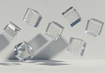 Poster - Floating Crystal Cubes Minimalist Abstract 3D Render Design  Background Modern Geometric Shapes White Studio