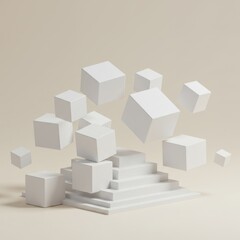 Poster - Abstract 3D Rendering: White Cubes Falling onto a Geometric Staircase Platform Against a Beige Background