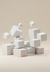 Poster - Abstract 3D Render of White Cubes Falling in Beige Background Minimalist Geometric Composition Contemporary Art Digital Design