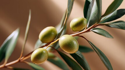 Poster - Captivating close-up view highlights a flourishing olive branch adorned with ripe green olives. The delicate leaves dance softly in gentle light, showcasing nature's beauty