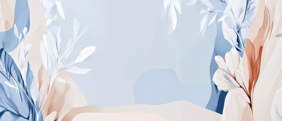 Poster - Elegant floral background with soft blue and beige watercolor textures, creating a serene and calming abstract botanical illustration