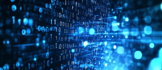 abstract blue digital data stream background with glowing numbers and bokeh