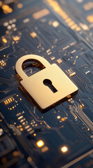 Poster - Golden padlock digital circuit board symbolizes cybersecurity, data protection, and secure