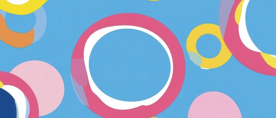 Wall Mural - Playful abstract background with colorful circles and rings on light blue backdrop Modern geometric design with vibrant shapes for creative projects