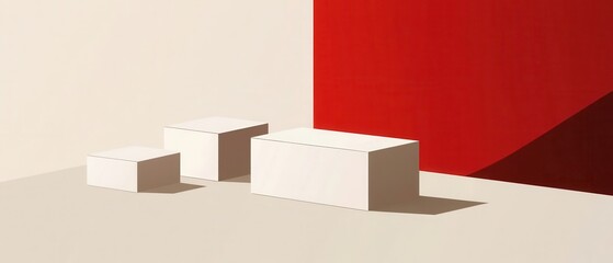 Wall Mural - minimalist geometric product display with white podiums against a red and beige background, showcasi