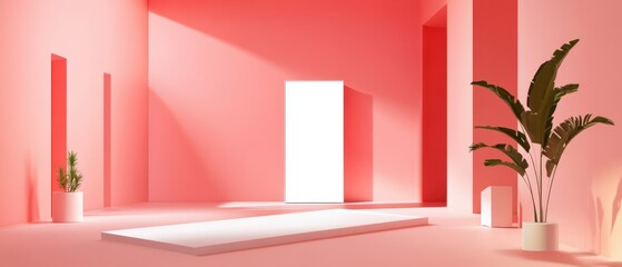 Wall Mural - minimalist coral room interior with blank white door and tropical plant concept of modern architectu