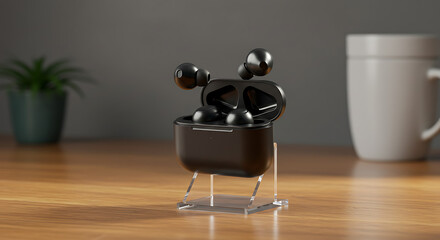 A pair of sleek black wireless earbuds are shown with their open charging case on a clear stand, ready for use. A modern audio accessory.