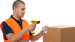 © People Stock - Delivery man scans barcode on cardboard box with yellow handheld scanner