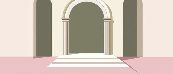Wall Mural - minimalist architectural illustration of arched doorway with columns and steps in pastel colors, cre