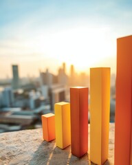 Poster - Colorful 3D bar graph rises against a blurred city skyline at sunrise, symbolizing growth, progress, and urban business success.