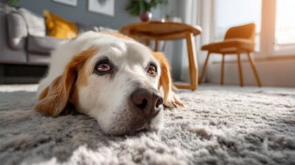 Aufkleber - A joyful dog rests comfortably on a soft rug in a modern living room. Sunlight streams through the window, creating a warm and inviting atmosphere as the dog relaxes peacefully