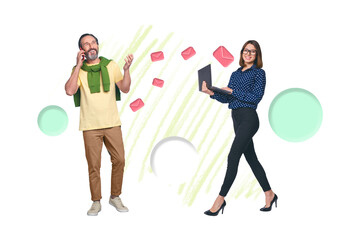 Aufkleber - Poster banner collage of business team have distance talking by calling cell smart gadget sending letters netbook