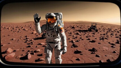 Wall Mural - astronaut in white spacesuit walking on rocky red landscape with rovers, waving hand, surrounded by 