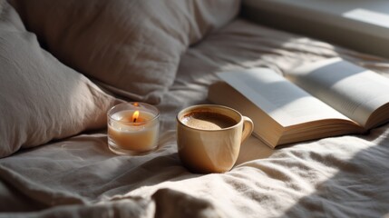 Aufkleber - Soft morning light filters through the window, illuminating a comforting scene on a bed