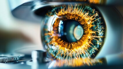 Poster - cybernetic lens zooming in on microscopic details, showcasing the power of AI-enhanced focus in medical and scientific advancements
