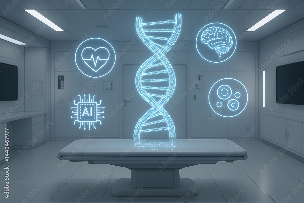 Medical technology illustration showing holographic DNA and digital ...