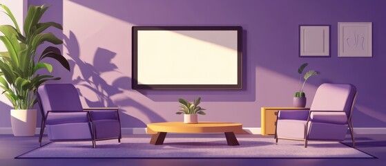 Wall Mural - modern purple living room interior with blank tv screen and sunlight casting shadows, showcasing con